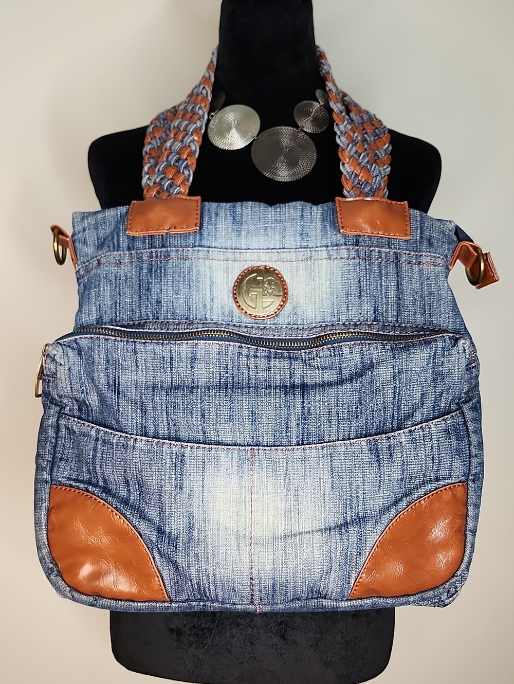 Vintage Y2K Denim Shoulder Bag Braided Handles Blue Jean Purse Boho Festival Tot
